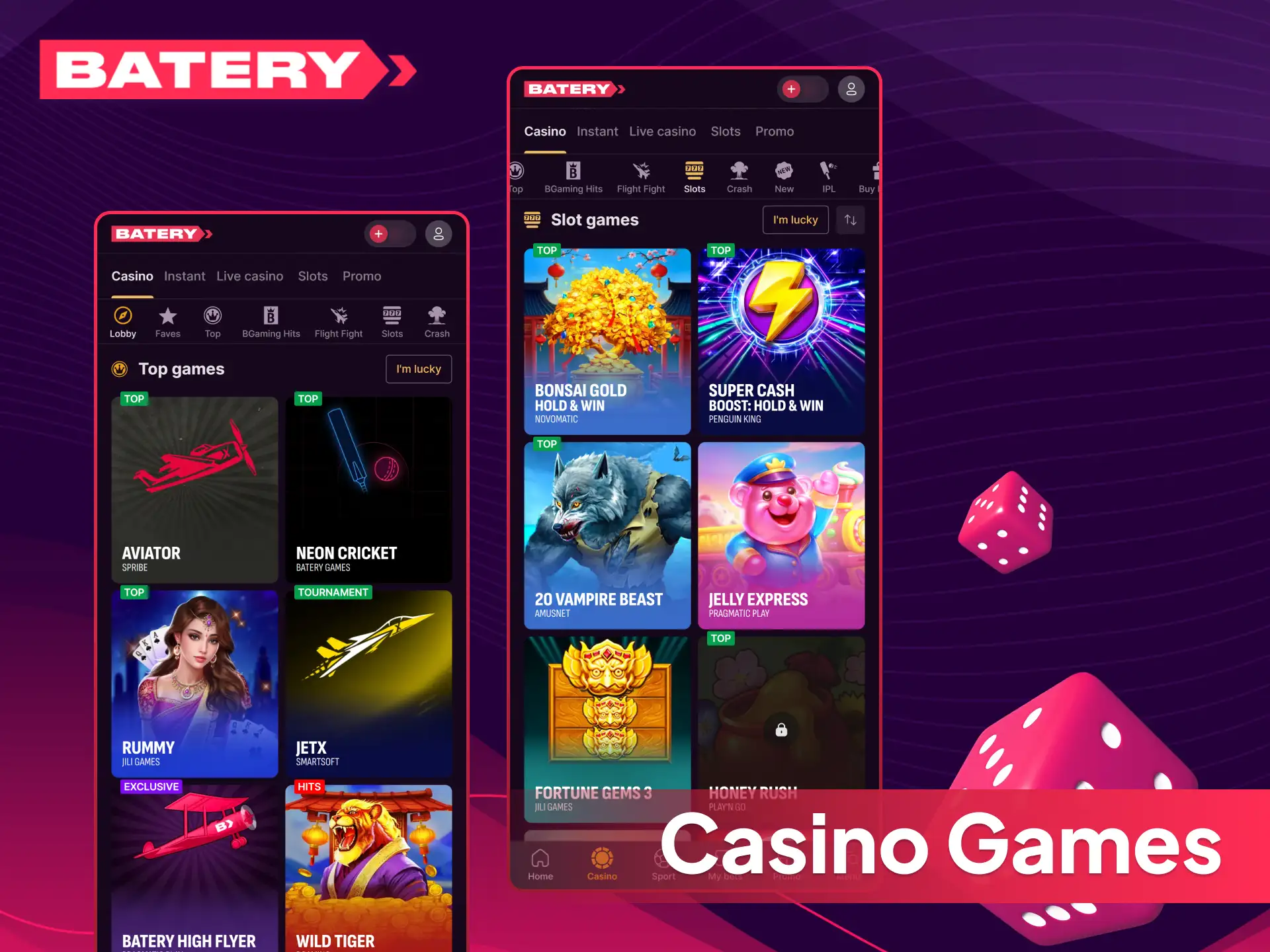 Play exciting online casino games on the Batery mobile site.