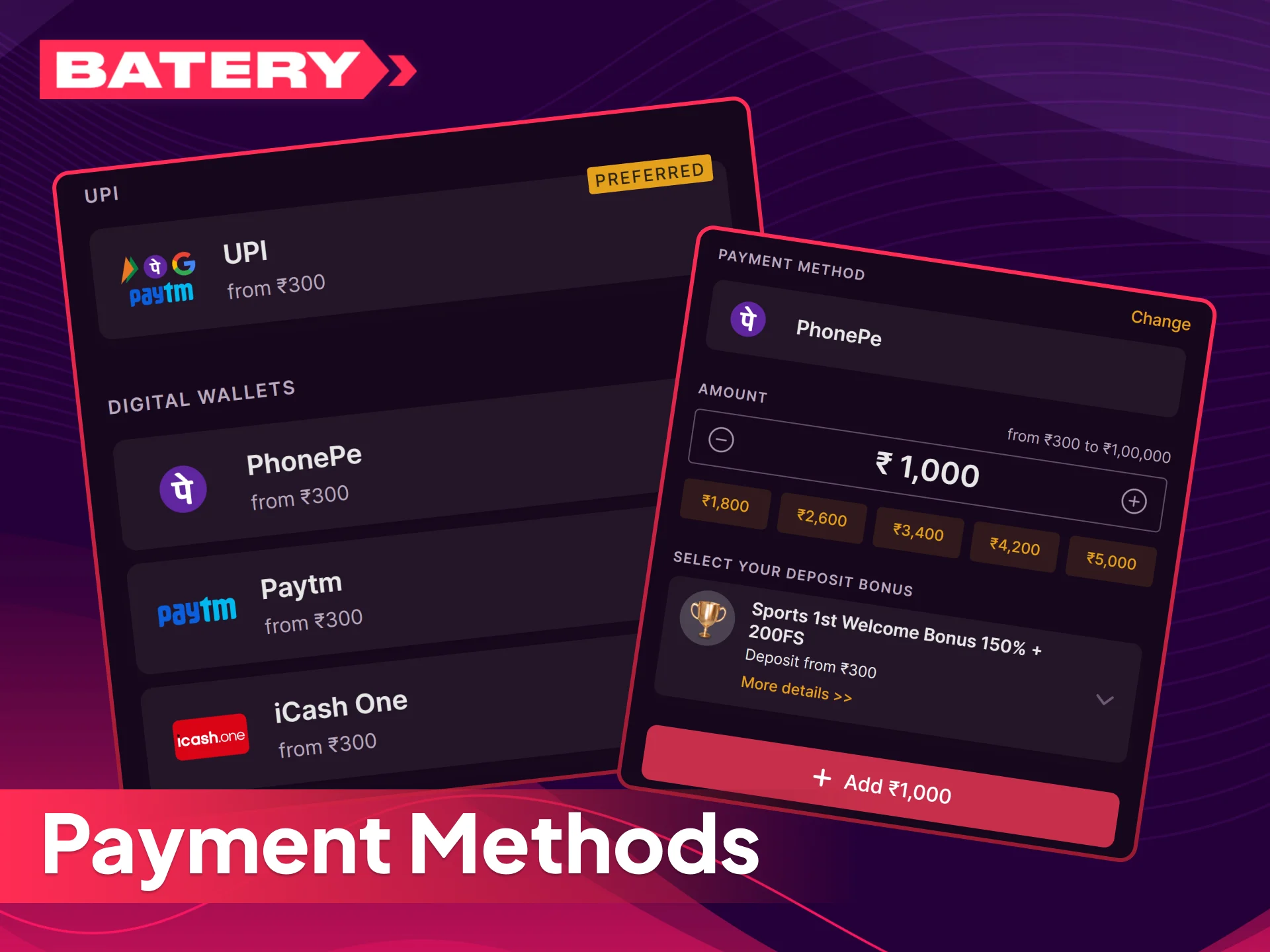 Explore convenient payment methods for Batery mobile app users in India.