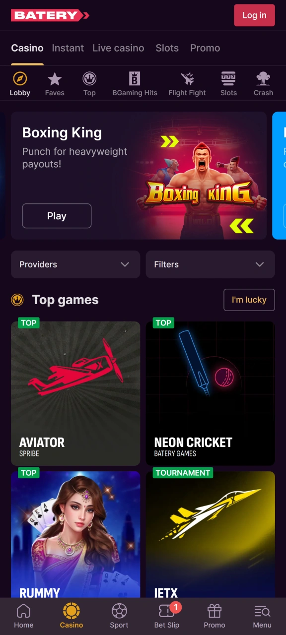 Play immersive online casino games inside the Batery mobile app.