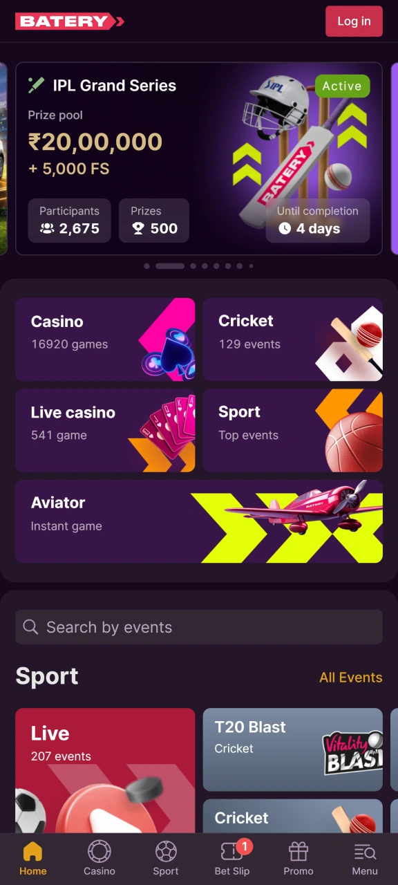 Launch the Batery mobile app main screen to start betting.