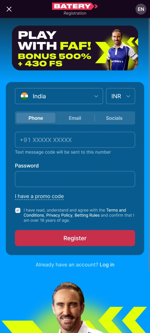 Register a new player account directly through the Batery app.