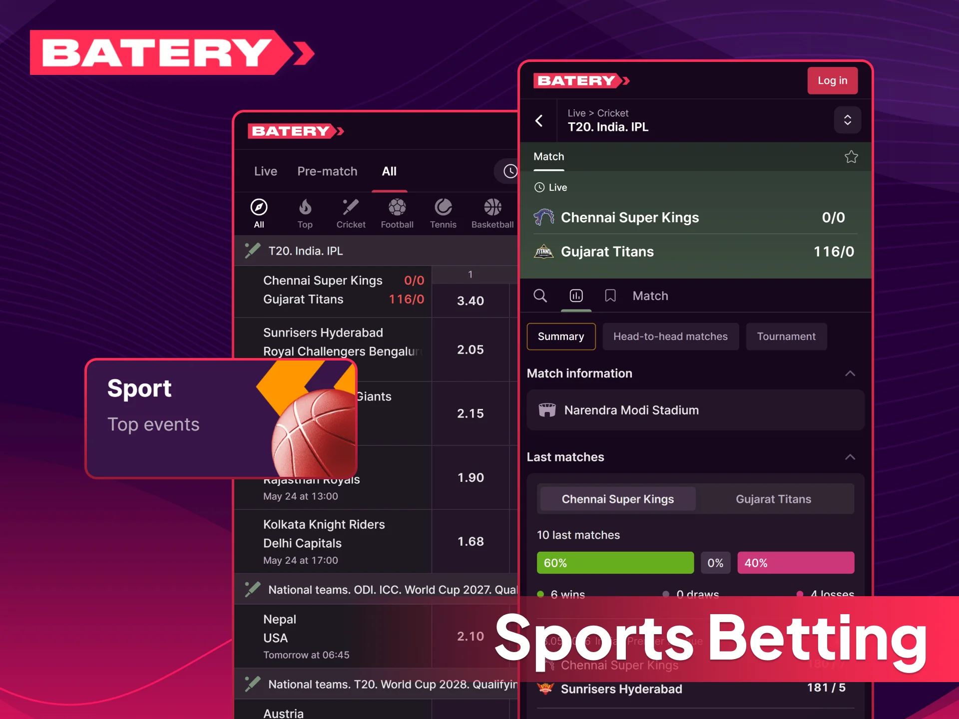 Place your sports bets online using the Batery mobile site.