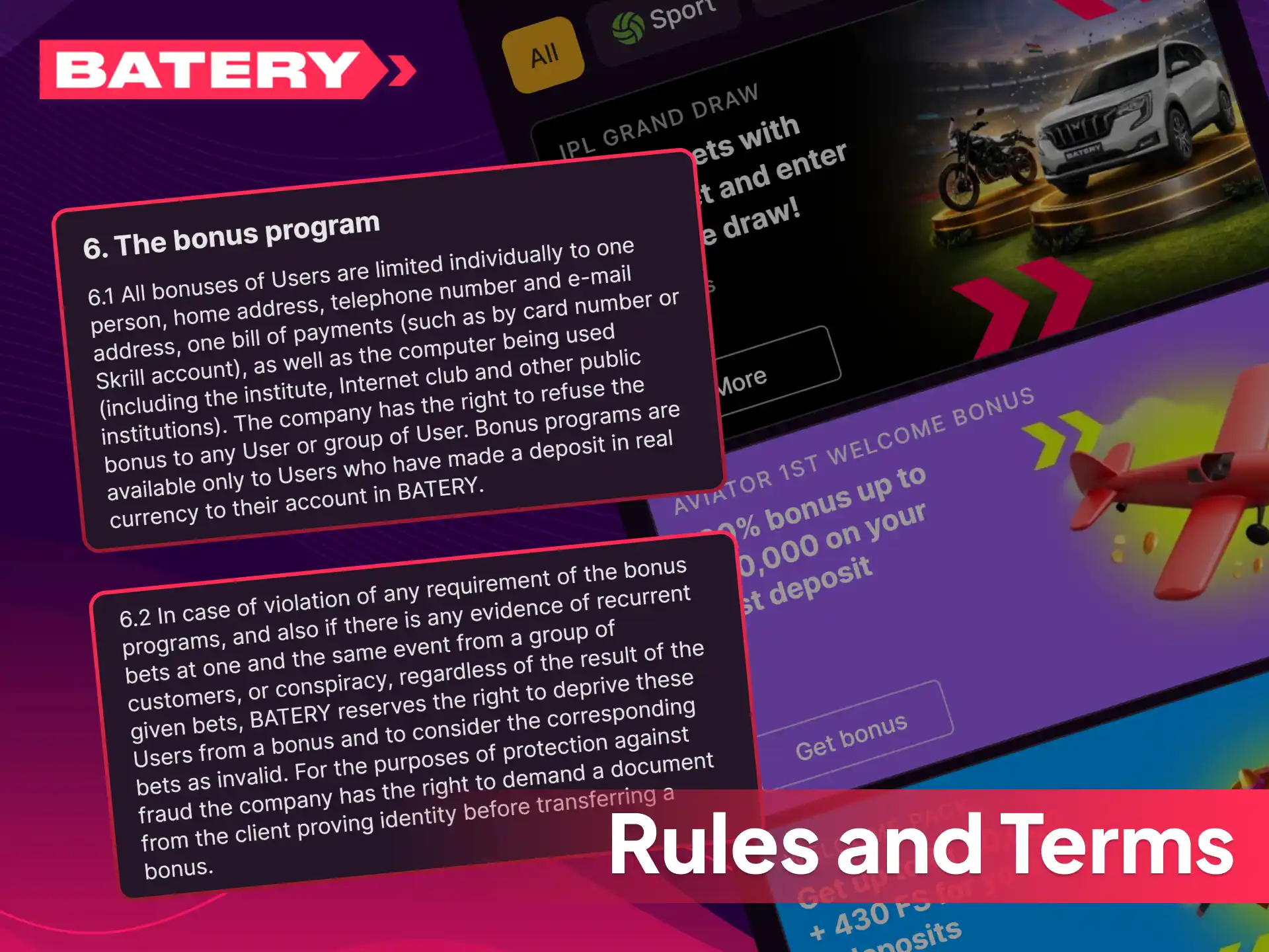 Review the official Batery bonus rules and terms in India.
