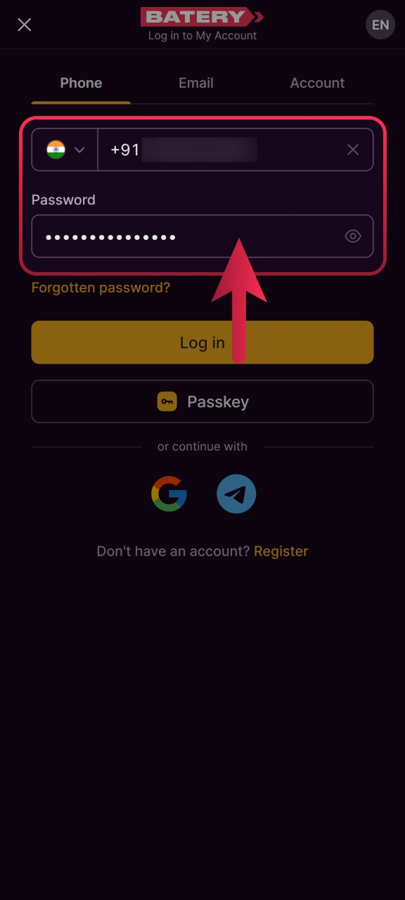 Enter your account login credentials securely into the Batery app.