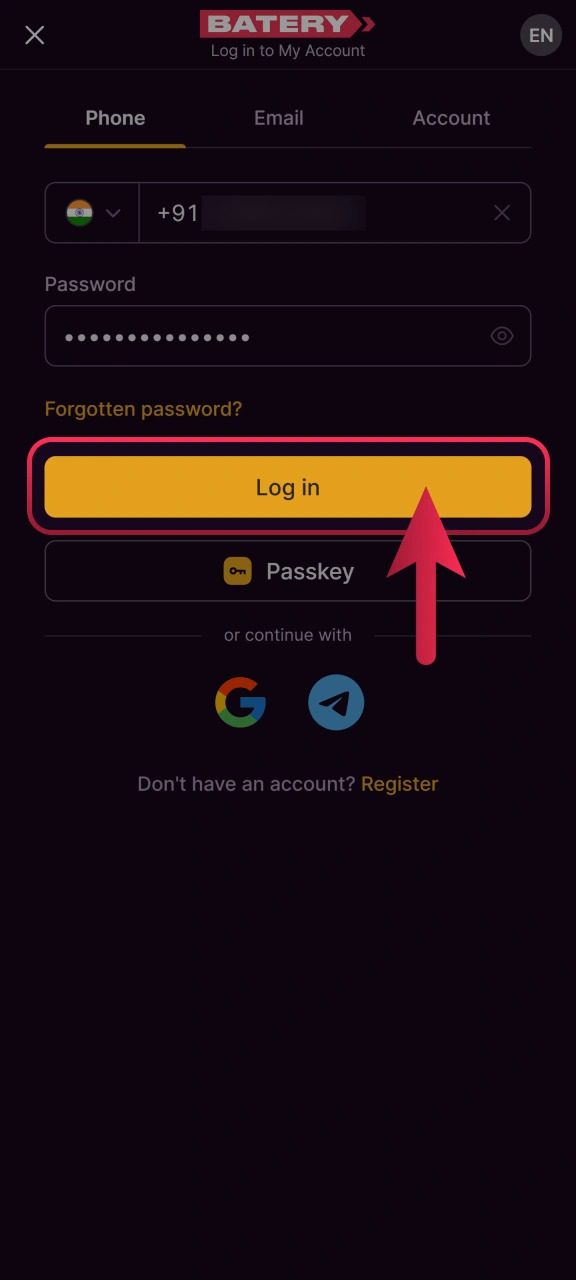 Tap the login button to access your Batery India account.