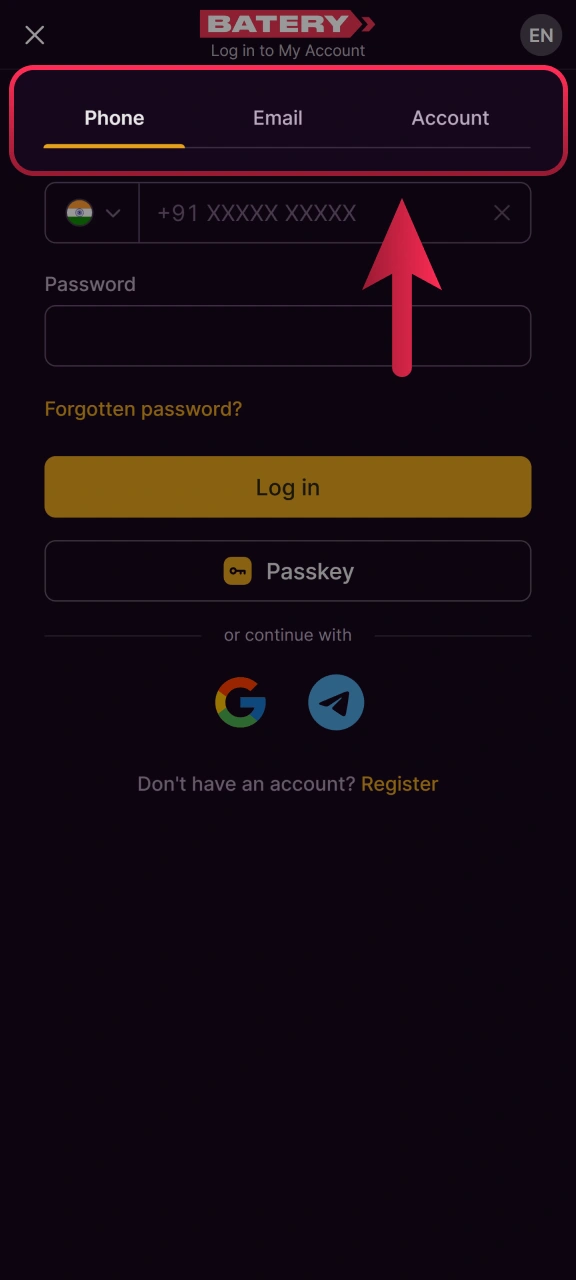 Select your preferred login method on the Batery app screen.