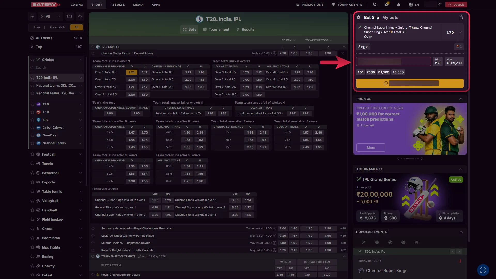 Enter your bet stake amount and confirm your wager on Batery.