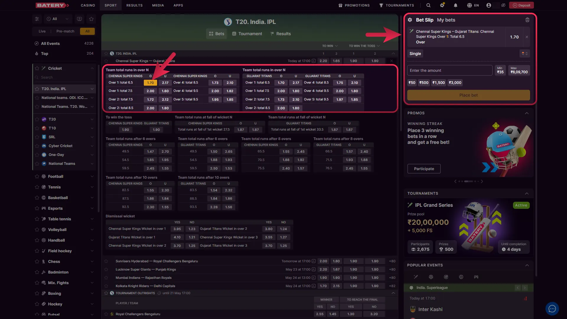 Choose a betting market and add it to your Batery betslip.