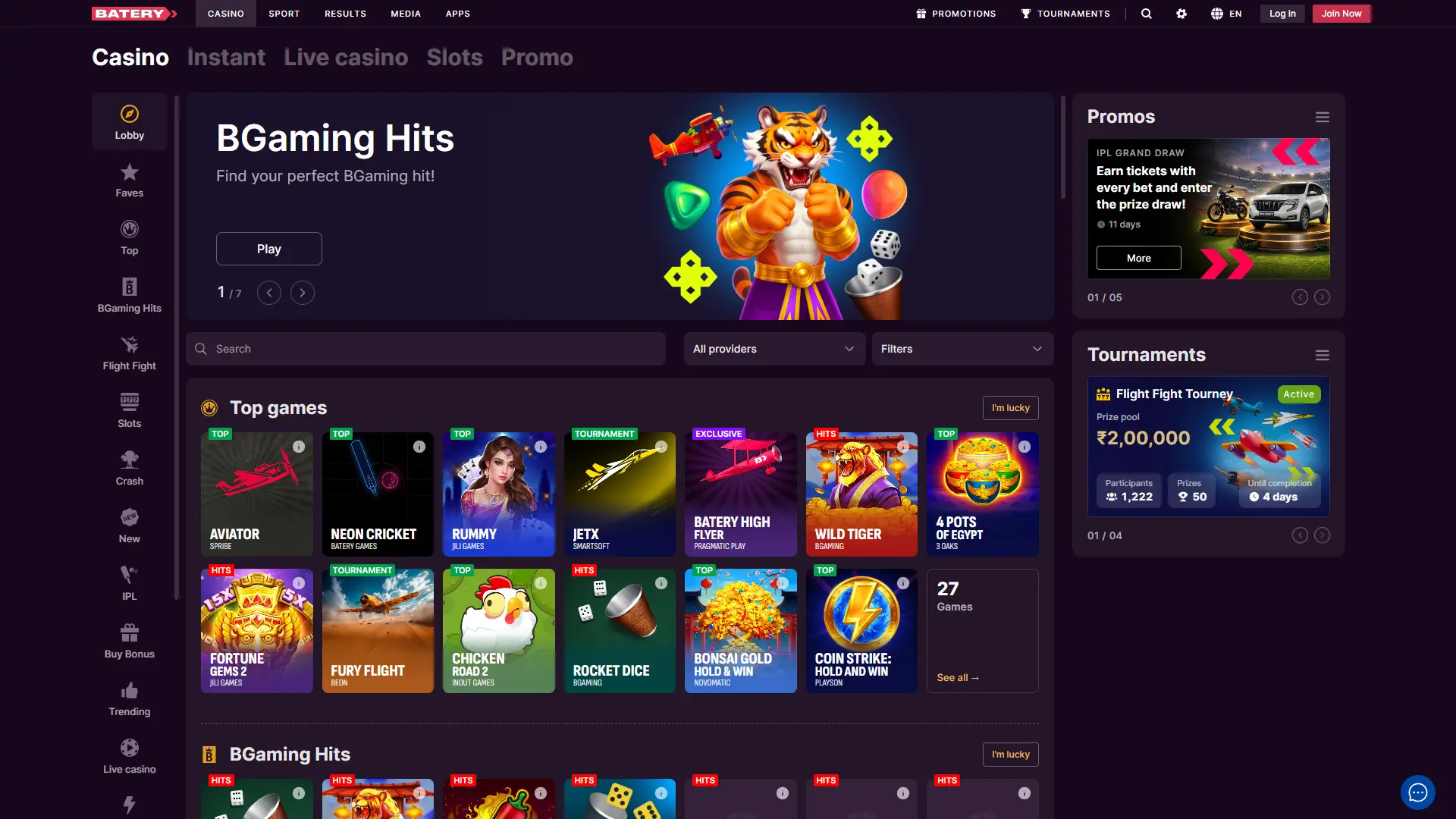 Play online casino games and slots on Batery India today.