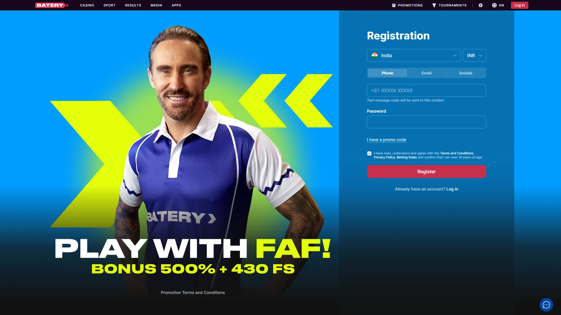 Register your new account on Batery India to start playing.