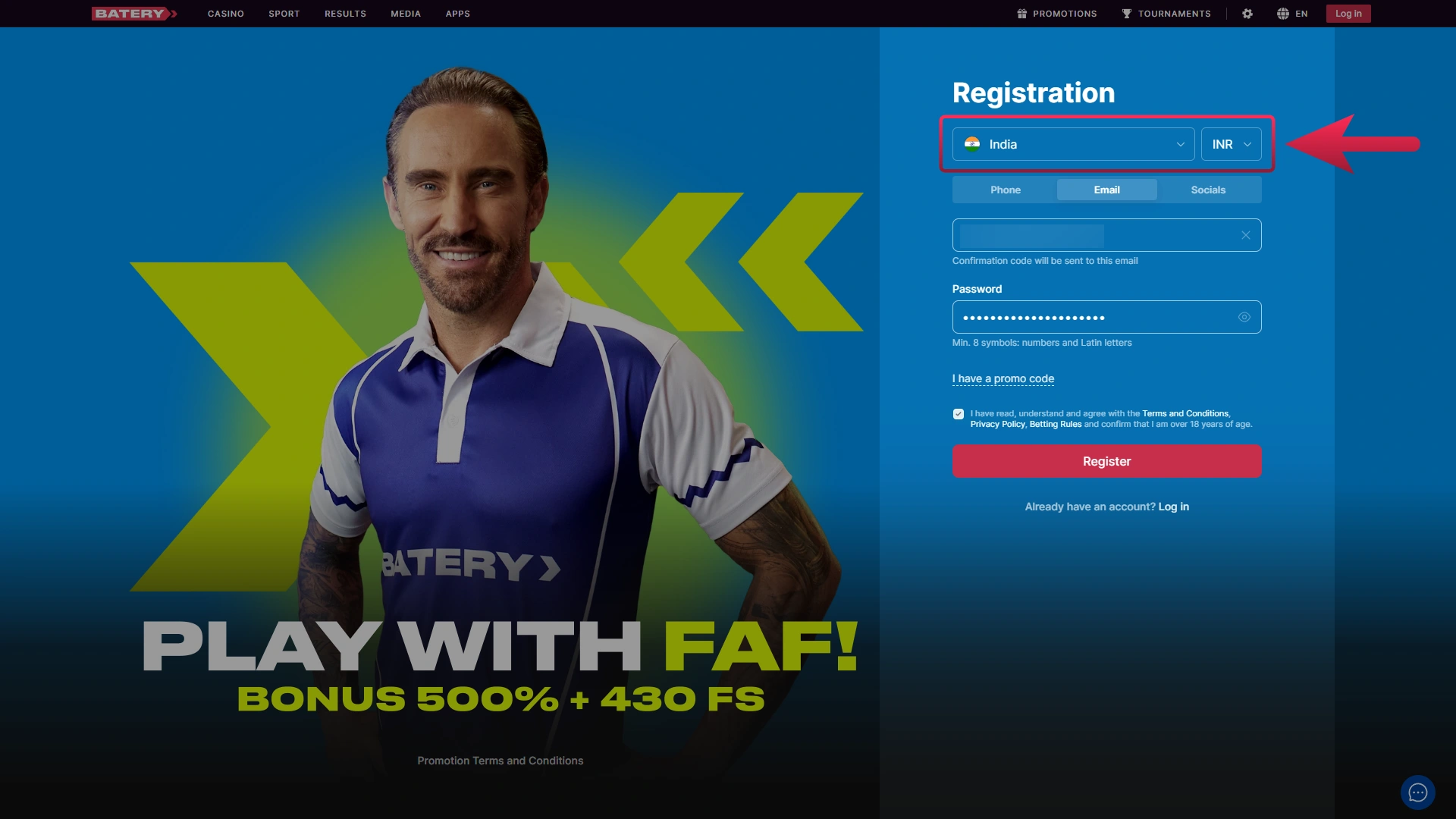 Select your currency and country on the Batery registration page.