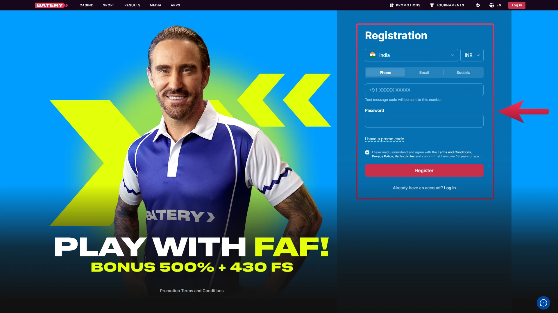 Click the Sign Up button on Batery India to start registering.