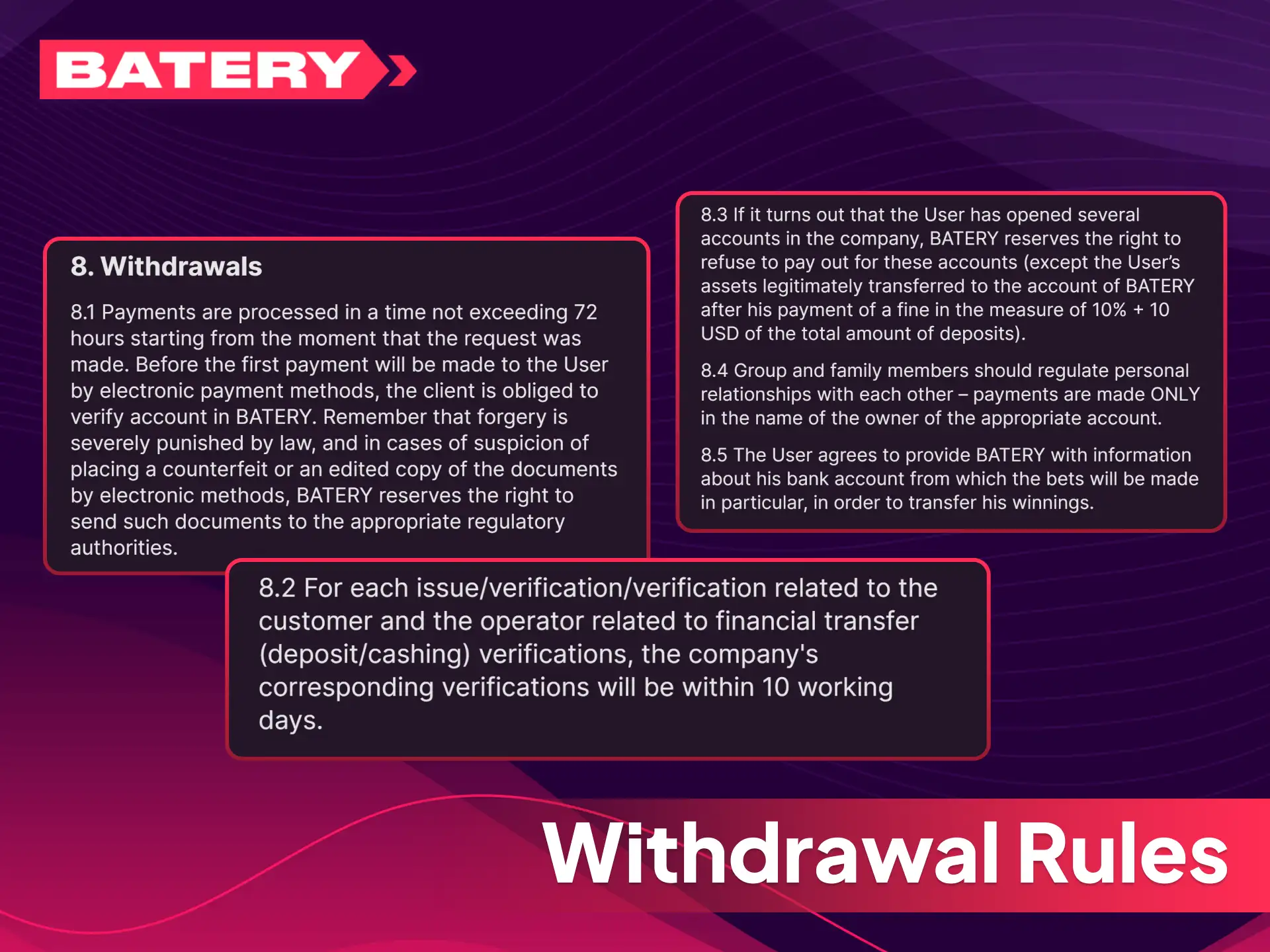 Review all Batery withdrawal rules and conditions for secure cashouts.