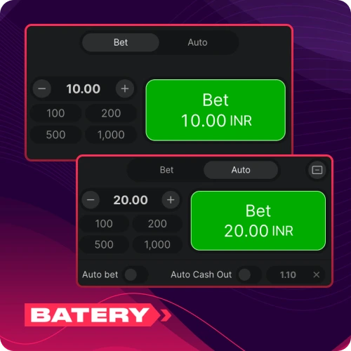 Use the dual bet panel at Batery casino, to configure two separate stakes with independent amounts now.