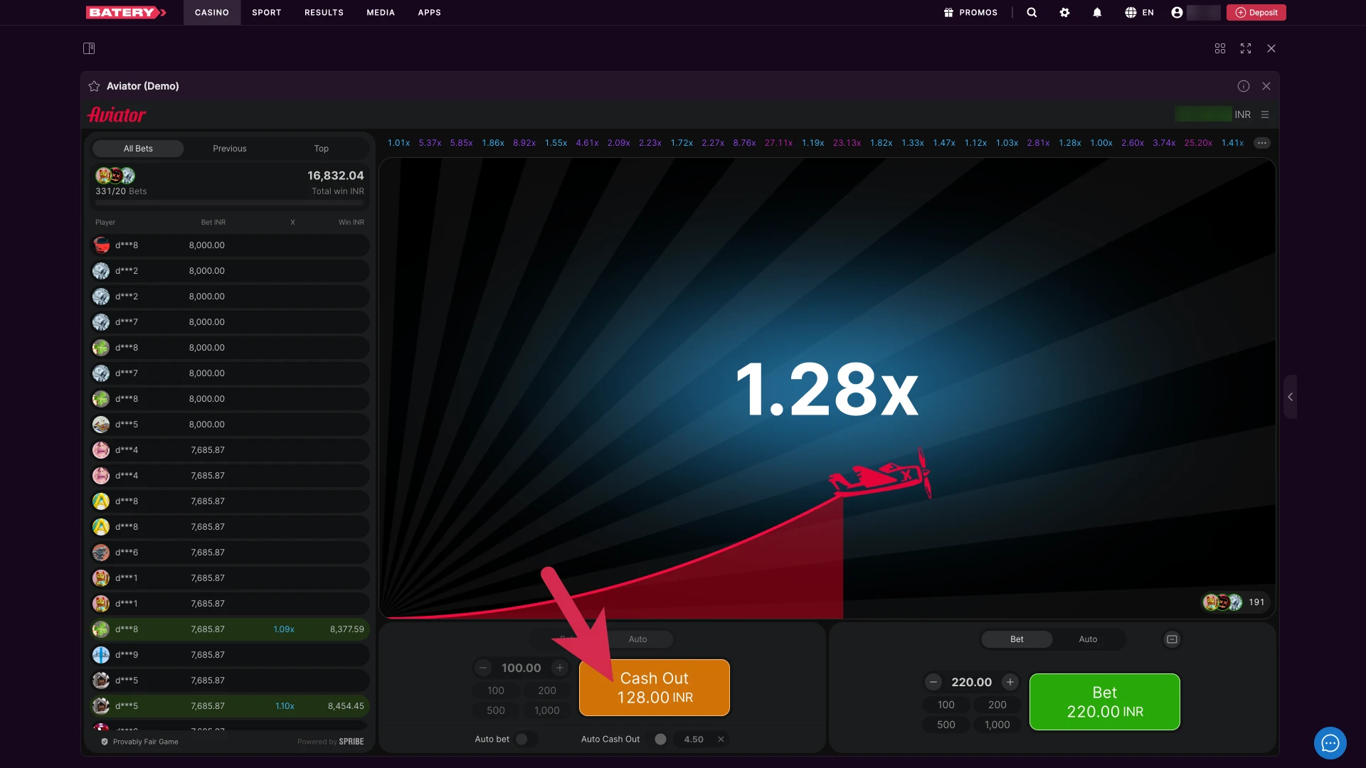 Cash out manually in the Batery Aviator game now, while the flight multiplier is rising on your screen.