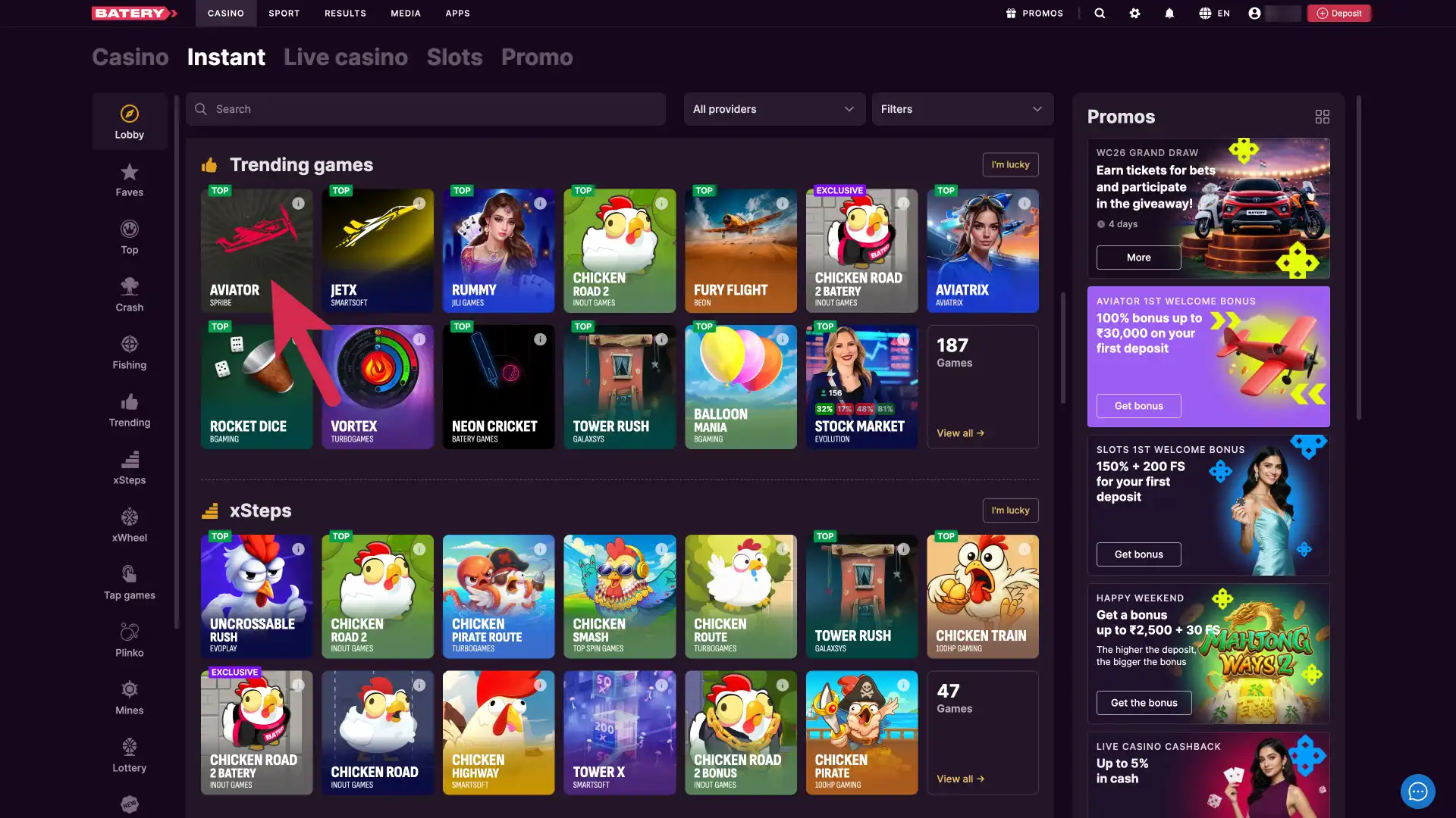 Find the licensed Aviator slot in the Batery casino library, and enter the active flight interface safely.