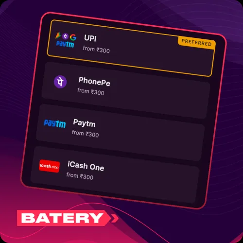 Use local payment support at Batery casino today, and make instant transactions using your UPI account.
