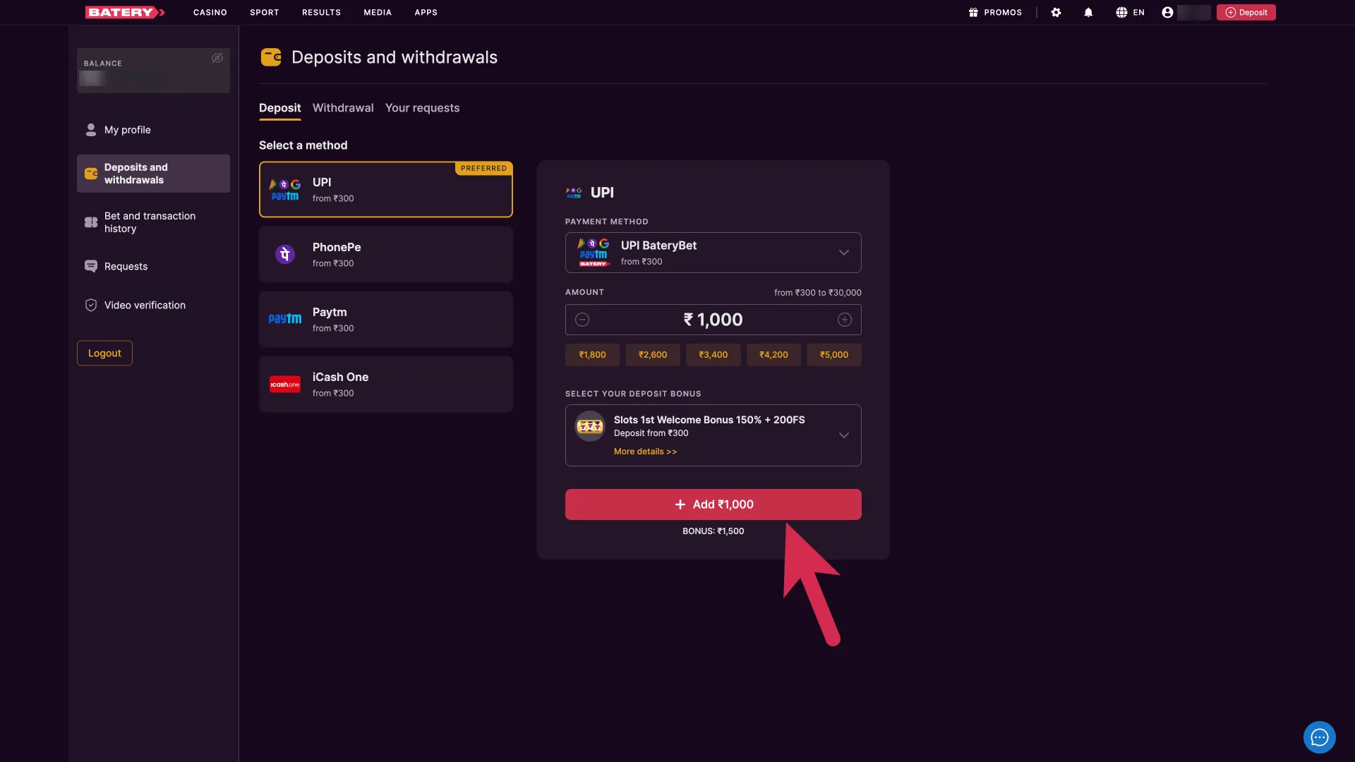 Make a qualifying deposit at Batery casino, using popular local payment methods like UPI.