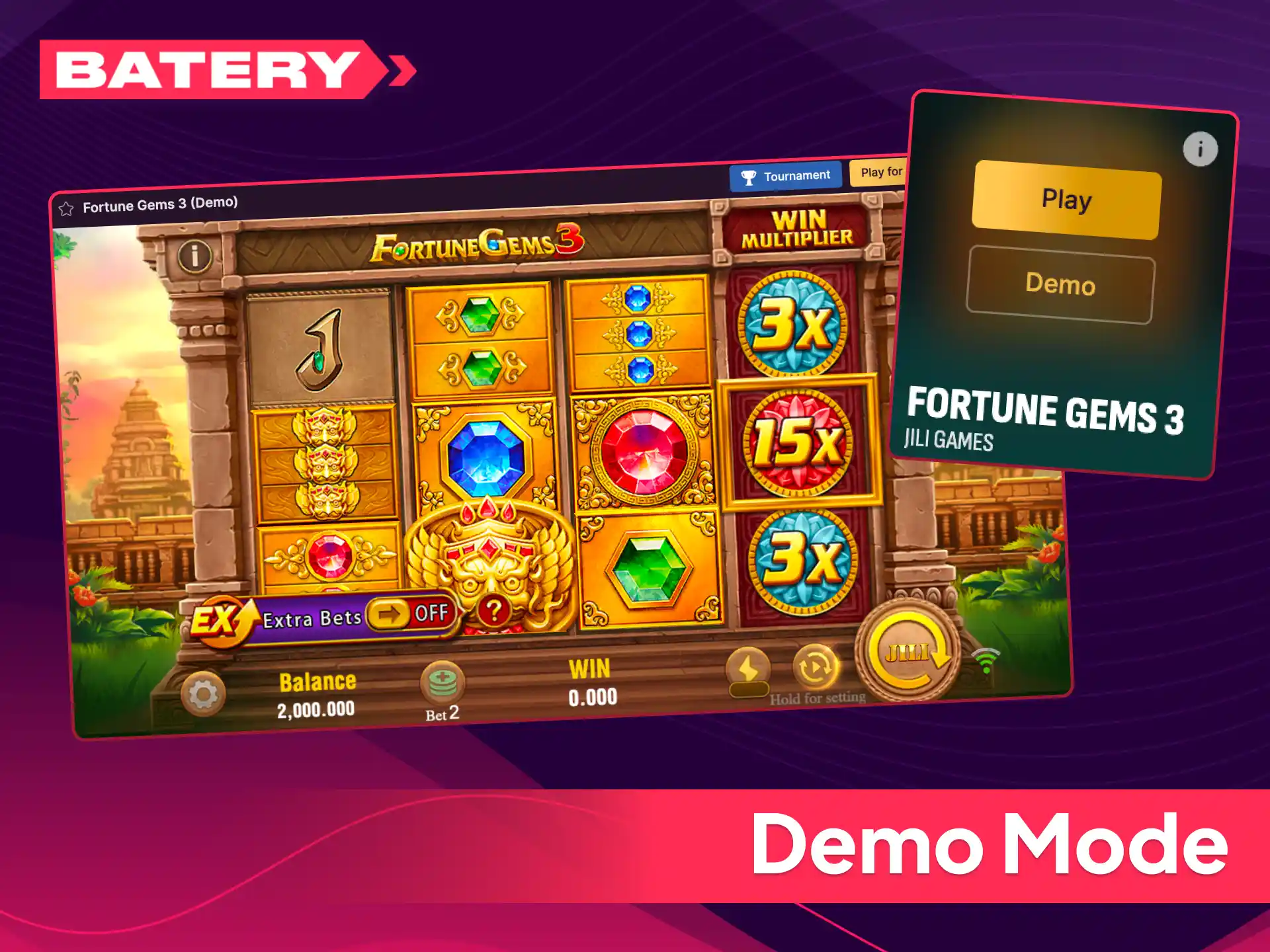 Try games in demo mode at Batery casino today, and explore top titles with no registration required.