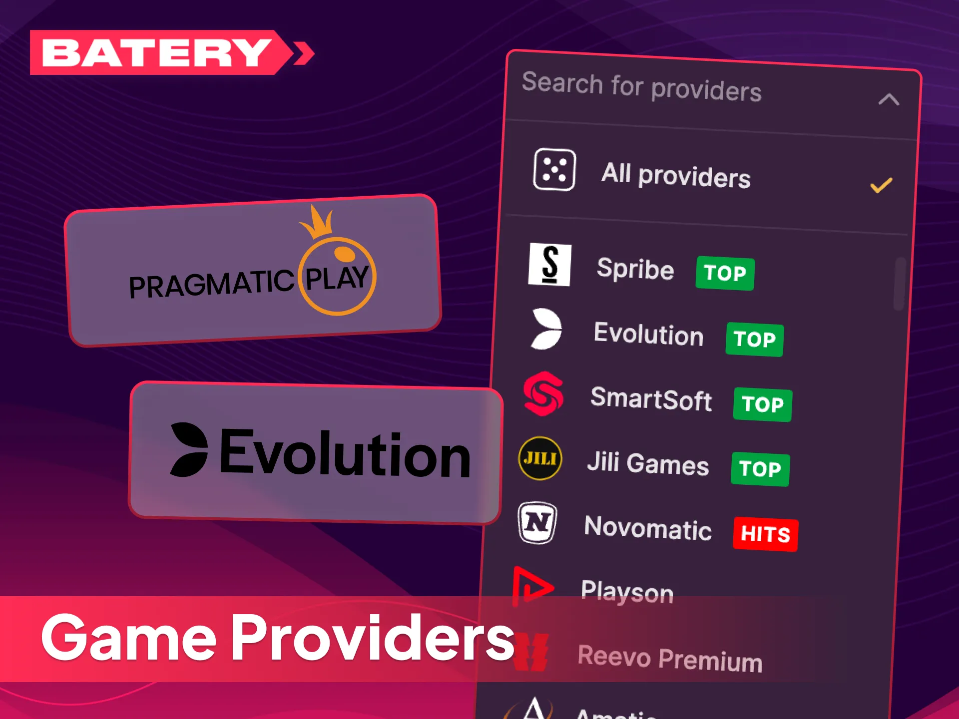 Explore certified game providers at Batery casino, and choose from over seven thousand top titles.