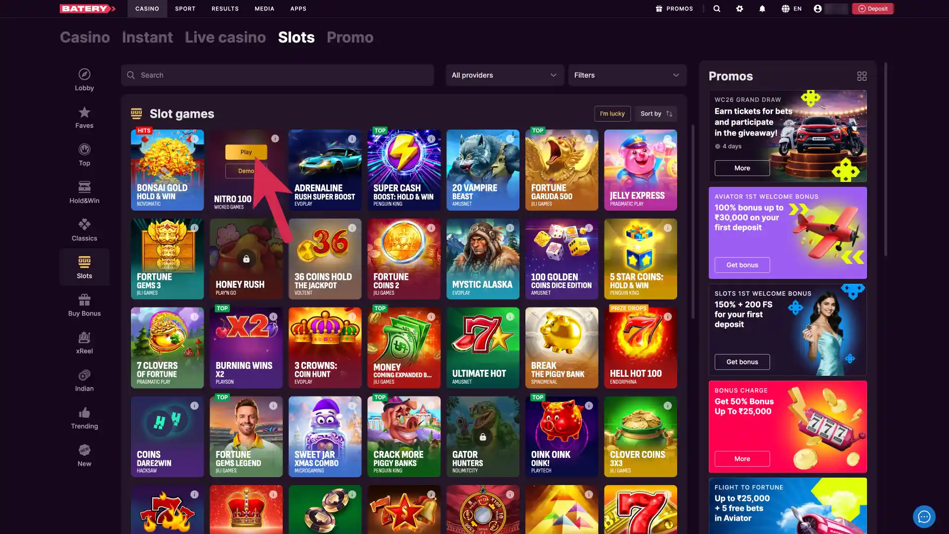 Choose your favorite game at Batery casino today, and start playing instantly in your browser.
