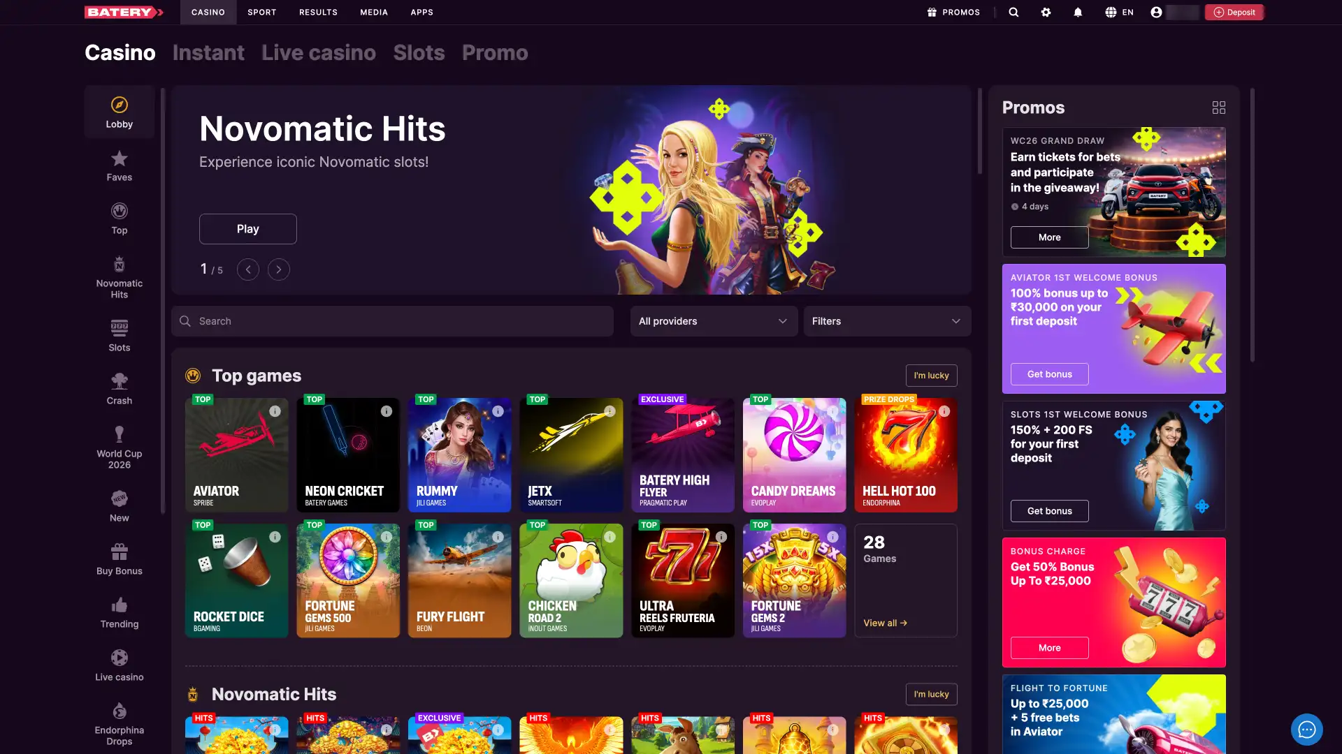 Open the casino section at Batery website today, and explore thousands of exciting online games.