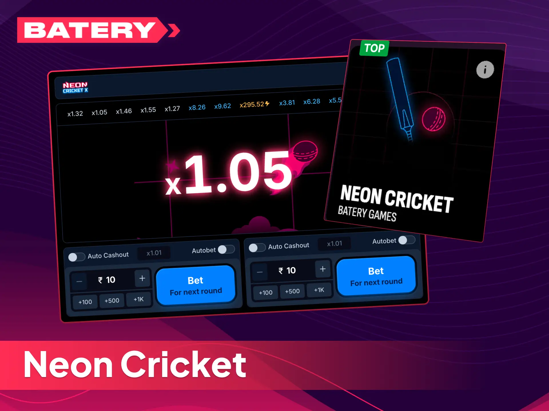 Play the exclusive Neon Cricket instant game at Batery casino, and enjoy top cricket themes today.
