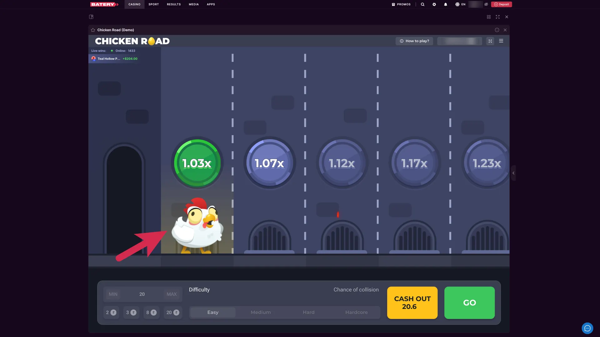 Watch the chicken move in Batery Chicken Road today, and see your multiplier increase with each step.