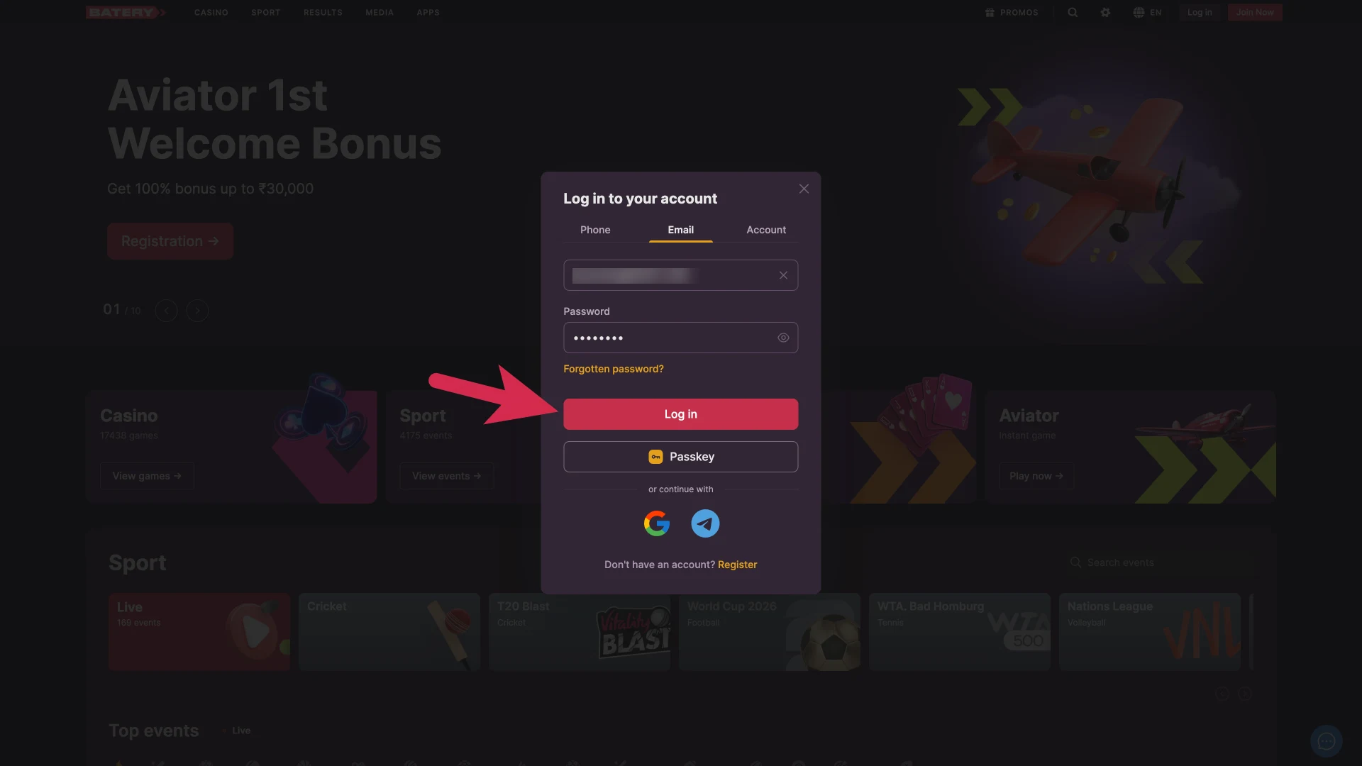 Log in to your personal account at Batery website today, using your phone number or unique account ID.